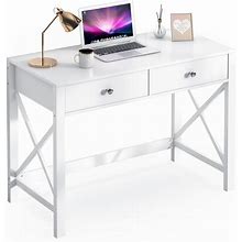 White Home Office Desk With Drawers, Modern Writing Computer Desk, Small Makeup Vanity Table Desk For Bedroom, Study Table For Home Office