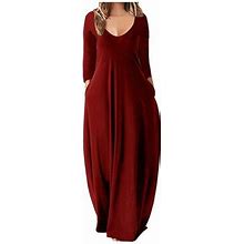 Hbyjlzyg Womans Casual Long Dresses,Women Casual Plus Size Solid Crewneck Pockets Long Sleeve Maxi Long Dress