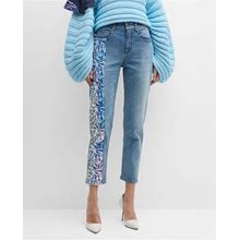 Hellessy Lily Sequin Chenille Paneled Skinny-Leg Ankle Jeans, Lili Wash/Multi, Women's, 6, Denim & Jeans Cropped Ankle Capri Jeans