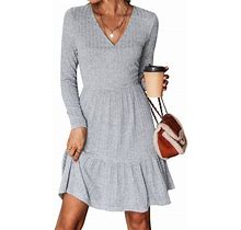 Cupshe Women's Long Sleeve Heathered V-Neck Grey Mini Dress