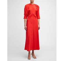 Oroton Ruched Dolman-Sleeve Silk Midi Dress, Red, Women's, 8, Cocktail & Party Wedding Guest Dresses Satin & Silk Dresses