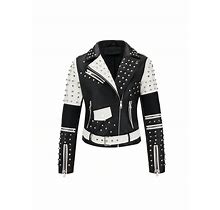Women's Spring/Fall Simple All-Match Motorcycle Jacket With Diamond Rivet Decor And No Outerwear Pocket,XXL
