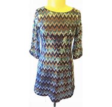 Luxology Dresses | Luxology Formal Dress Sequin Chevron Blue Long Sleeve Silver 6 | Color: Blue/Brown | Size: 6