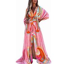 Yuehao Dresses For Women Women Maxi Dress Long Holiday Boho Paisley Print Slit Striped Ladies Summer (Pink S)