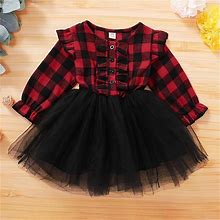 Girls Long Sleeve Ruffle Red Plaid Button Tulle Tutu Princess Dress, Girls Dress Kids Clothes,Red,Must-Have,By Temu