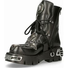 New Rock Women's 407-S1 Silver Cross Buckle Ankle BOOTS Black Leather Gothic Punk Biker Fashion Shoes