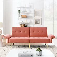 Living Room Tufted Velvet Futon Sleeper Sofa Bed, Convertible 2 Seater Sleeper Couch With Folded Armrests And Side Pockets