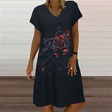 Tagold Summer Dresses For Women 2022, Women's Fashion Casual Comfortable Printed Short Sleeve V-Neck Knee Length Dress Black M