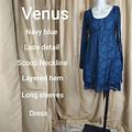 Venus Navy Blue Lace Detail Neckline Long Sleeves Dress Size Xs