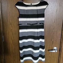 Calvin Klein Dresses | Euc Calvin Klein Horizontal Black Grey White Stripes Belted Work Dress Size 8 | Color: Black/White | Size: 8