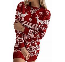 Dewadbow Women Christmas Dress Knit Round Collar Long Sleeve Sweater Skirt