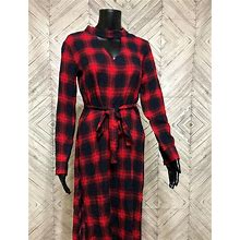 Neiman Marcus English Factory Red Navy Keyhole Neck Plaid Belted Dress