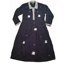 Papy Boez Dress M/L Peasant Prairie Floral Teacups Embroidered Navy