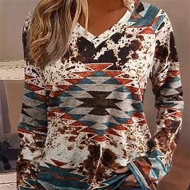 Geometric-Pattern V-Neck T-Shirt, Blouses, Tee, Women's Aztec Print Long Sleeve Ethnic V Neck Western Style Women's,Multicolor,Must-Have,Temu