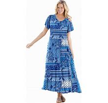 Plus Size Women's Short-Sleeve Crinkle Dress By Woman Within In Sky Blue Paisley Patchwork (Size 2X)