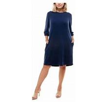 Monteau Womens Navy Pocketed Jersey-Knit 3/4 Sleeve Boat Neck Knee Length Shift Dress Plus 2X