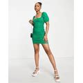 Stradivarius Square Neck Ruched Mini Dress In Green - Green (Size: XL)