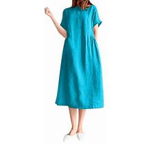 Blue Womens Dresses Ladies Round Neck Short Sleeve Solid Color Loose Slim Mid Length Dress Summer Dresses For Women 2024 Size L