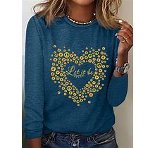 Women's Cotton-Blend Crew Neck Simple Sunflower Heart Long Sleeve Top Blue/M