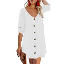 Dokotoo Women's White Chiffon Beach Dress Mini Dress Summer Button Down V Neck Dresses Casual Fashion 3/4 Roll Tab Sleeves Loose Dress For Women, US 1