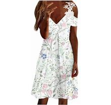 Htnbo Women's Off The Shoulder Dresses Summer Trends Lace V Neck Flowy Sun Dresses Floral Print Midi Dress