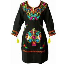 Mexican Dress Fino 3 Style Knee Length Embroidered Floral - Black