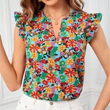 Allover Floral Print Notched Neckline Ruffle Trim Blouse,S