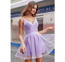 STACEES A-Line V Neck Sleeveless Short/Mini Tulle Homecoming Dress With Beading Glitter