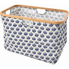 Household Essentials Bamboo Rimmed Krush Basket With Cutout Handles, Blue Cacti