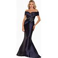 Terani Couture Two Tier Off The Shoulder Beaded Mermaid Dress - Navy