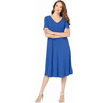 Roaman's Women's Plus Size Petite Ultrasmooth Fabric V-Neck Swing Dress - 42/44, Blue