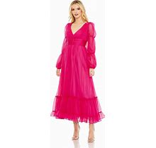 Mac Duggal Chiffon Ruched Tiered Puff Sleeve A Line Dress In Hot Pink, Size 18