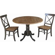 Brynwood 3-Piece 42 in. Hickory/Coal Round Drop-Leaf Wood Dining Set With Alexa Chairs
