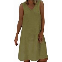 Loopsun Womens Summer Dresses, Cotton Linen V-Neck Sleeveless Solid Fashion Mini Dress Green