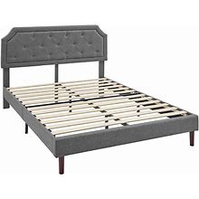 BIKAHOM Linen Fabric Upholstered Platform Bed Frame With Curved Button Tufted Adjustable Height Headboard And Wooden Slats, Full, Dark Grey