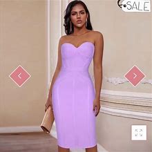 Worlddress Strapless Sleeves Striped Over The Knee Bandage Dress | Color: Purple | Size: Xs
