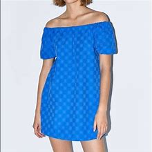 Zara Dresses | Zara Openwork Textured Off The Shoulder Blue Eyelet Mini Dress - M | Color: Blue | Size: M