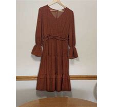 Roolee Dress Rust Print Tiered Long Sleeve Boho Prairie Size Small