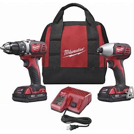 Milwaukee M18 Li-Ion Compact Cordless Power Tool Set, 1/2in. Drill/Driver & 1/4in. Hex Impact Driver, 2 Batteries, Model 2691-22