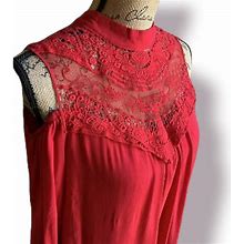 Luxology Dresses | Luxology Red Lace Cold Shoulder Long Sleeve Cocktail Midi Dress, M | Color: Red | Size: M