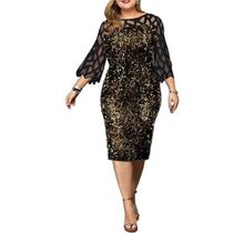 Orqqct Women Sequins Plus Size Sheer Lace Stitching Party Dress Elbow Sleeve Casual Midi Dress L-5Xl