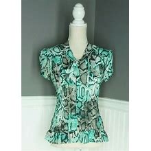 Ny Collection Snakeskin Blouse Petite M Green Patterned Semi-Sheer Tie