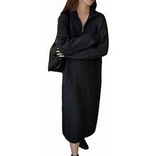 Lsfyszd Women Midi Sweater Dress, Solid Color Lapel Quarter Zipper Long Sleeve Knitted Midi Dress, Black/Gray/Pink/Apricot