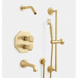 Canfield Thermostatic Tub Shower Set With Handshower, Aged Brass
