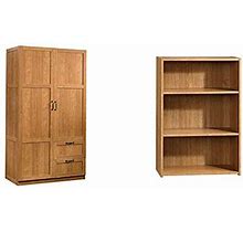 Sauder Storage Cabinet, Highland Oak Finish & Beginnings 3-Shelf Bookcase, Highland Oak Finish