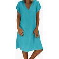 COOKI Dresses For Women Casual Summer Mini Dress Plus Size Short Sleeve Cotton Solid V-Neck T Shirt Cotton Tunic Short Dress Blue