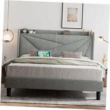 Bed Frame With Type-C & USB Ports, Upholstered Platform Bed Full Light Gray
