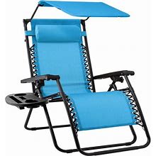 Folding Zero Gravity Outdoor Recliner Patio Lounge Chair W/Adjustable Canopy Shade, Headrest, Side Accessory Tray, Textilene Mesh - Light Blue