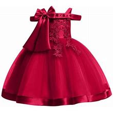 Fesfesfes Toddler Girls Dress Temperament Minimalistic Bowknot Embroidered Flower Net Yarn Birthday Party Gown Dresses