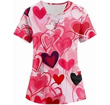 Rpvati Valentines Jogger Scrubs For Women Petite Short Sleeve Working Nurse Uniform Dresses V Neck Love Heart Printed Scrub Tops Loose With Pockets Fa